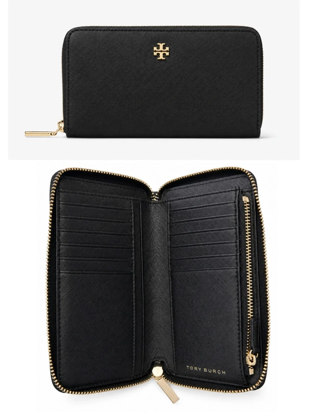Tory Burch Emerson Continental Zip Around Wallet Black Saffiano Leather Gold